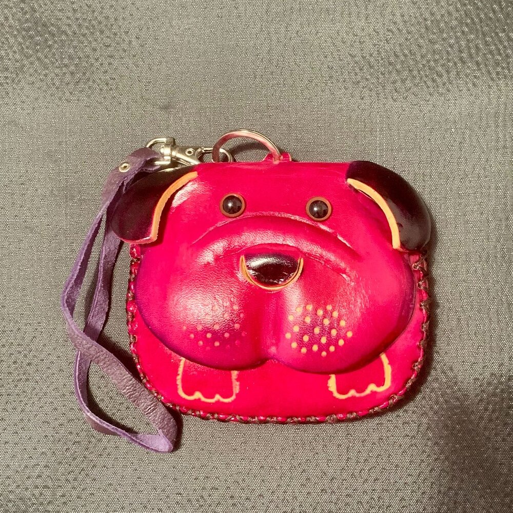 New Handmade Dark Pink Leather Bulldog Coin Wallet
